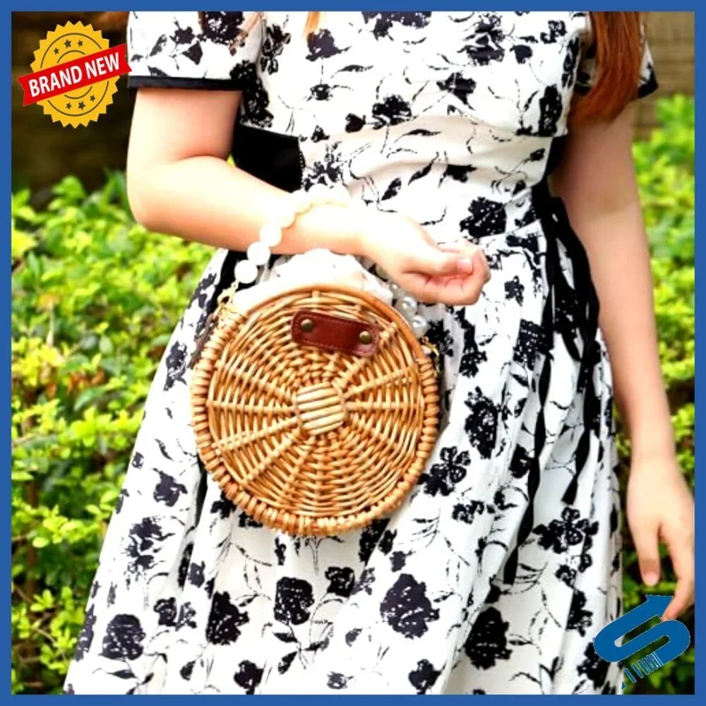 Straw Crossbody Bag Rattan Woven Tote Handbag Hard Handle Summer Beach